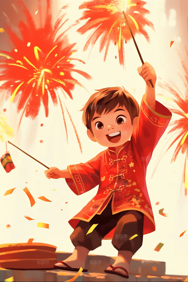 放烟花的孩子过年新年插画