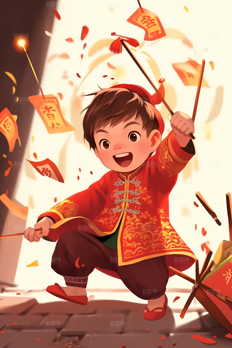 放烟花的孩子过年烟火插画