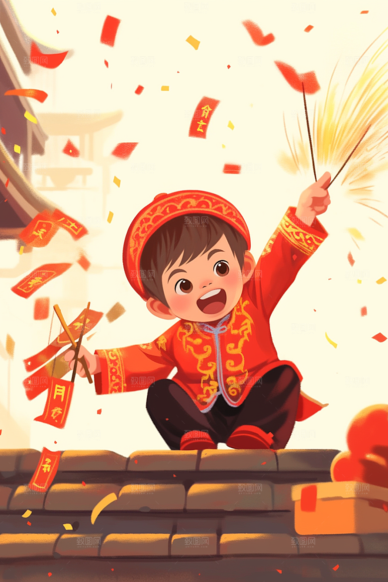 放烟花的孩子手绘庆祝插画