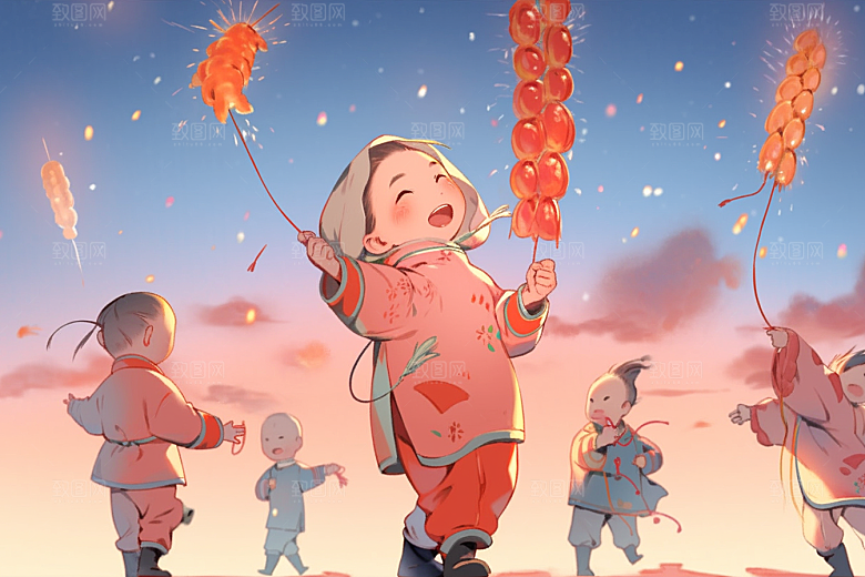放烟花的孩子春节高清插画