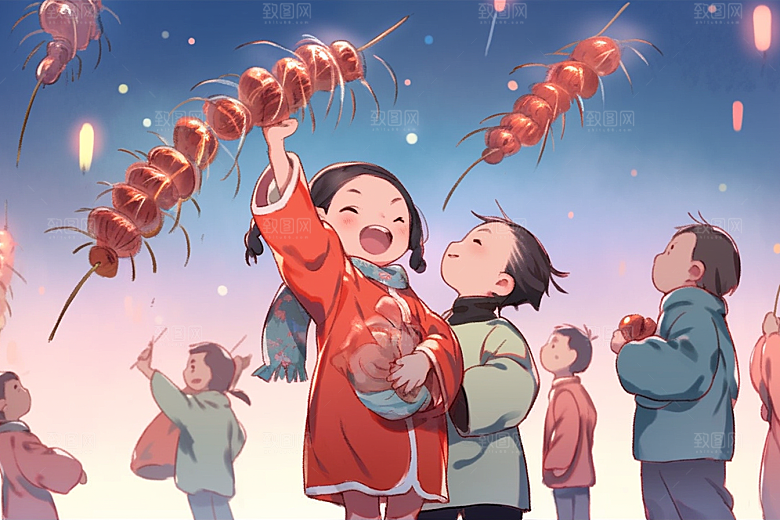 放烟花的孩子春节快乐插画