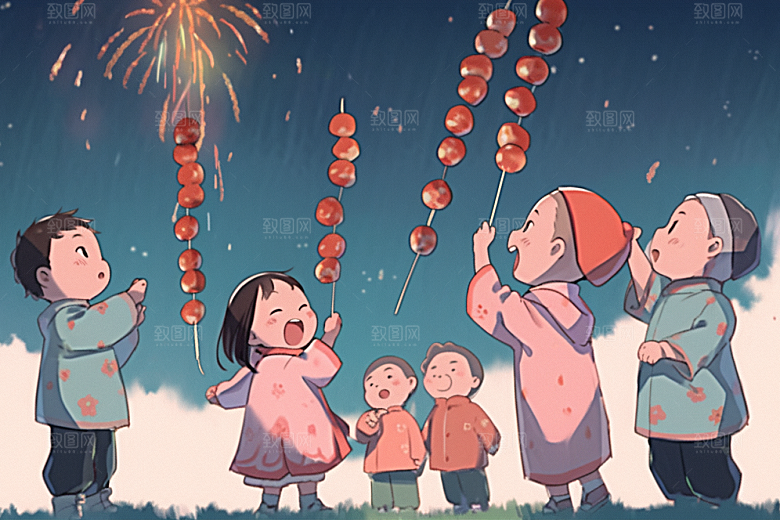 放烟花的孩子过年烟火插画