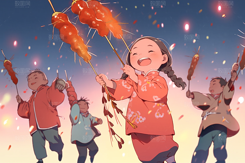 放烟花的孩子过年放鞭炮插画