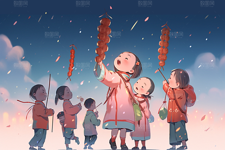 放烟花的孩子过年喜庆插画