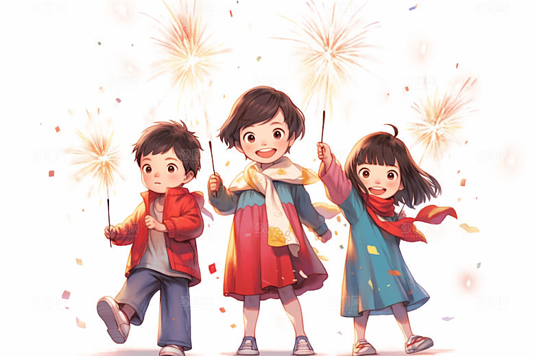 放烟花的孩子庆祝烟火插画