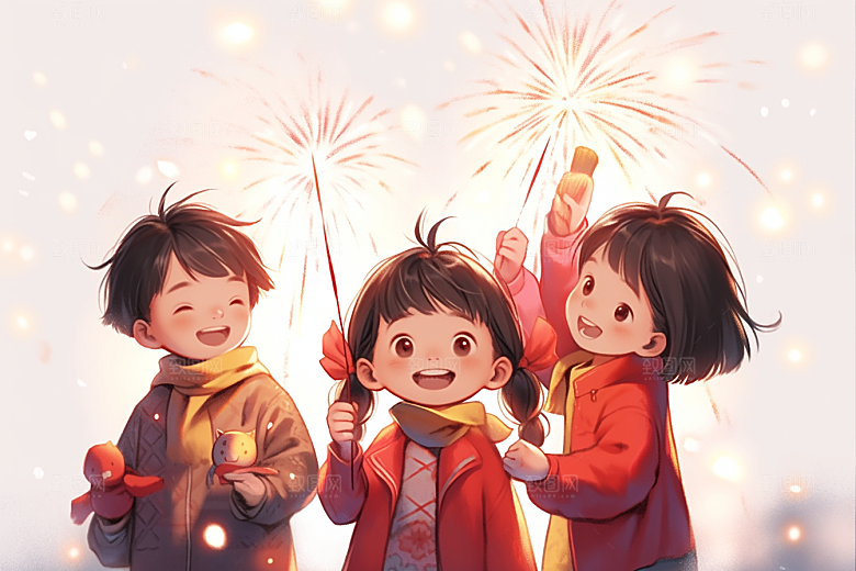 放烟花的孩子开心新年插画