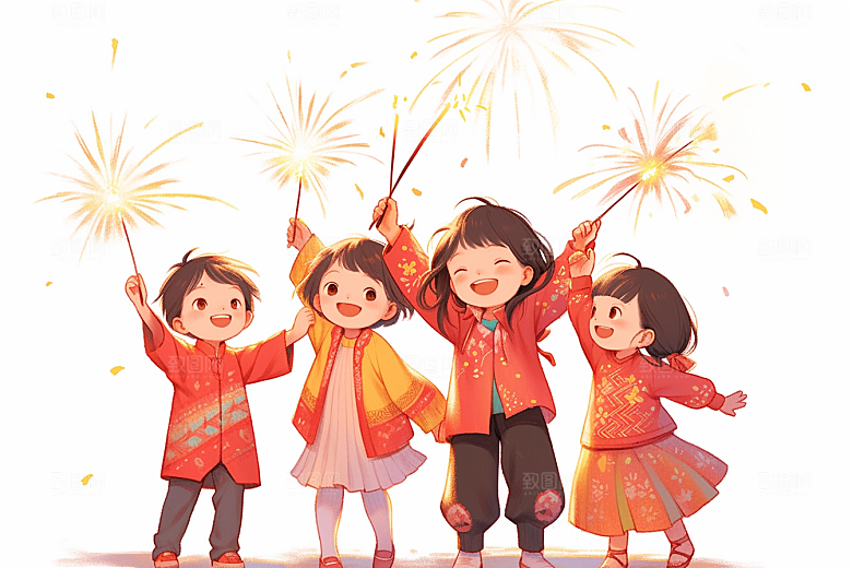 放烟花的孩子放鞭炮新年插画