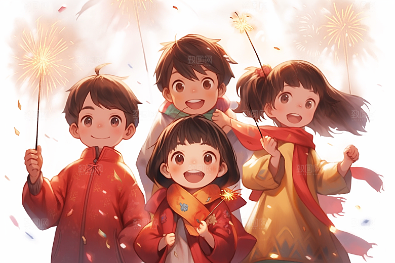 放烟花的孩子新年开心插画