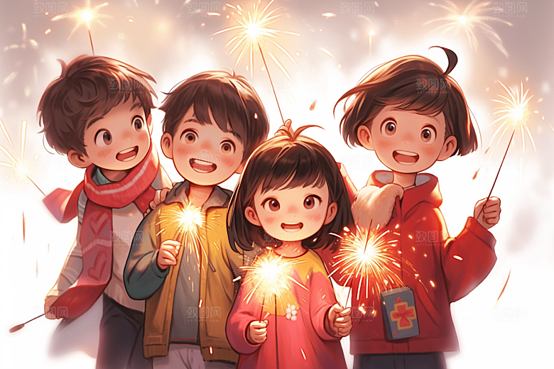 放烟花的孩子春节高清插画