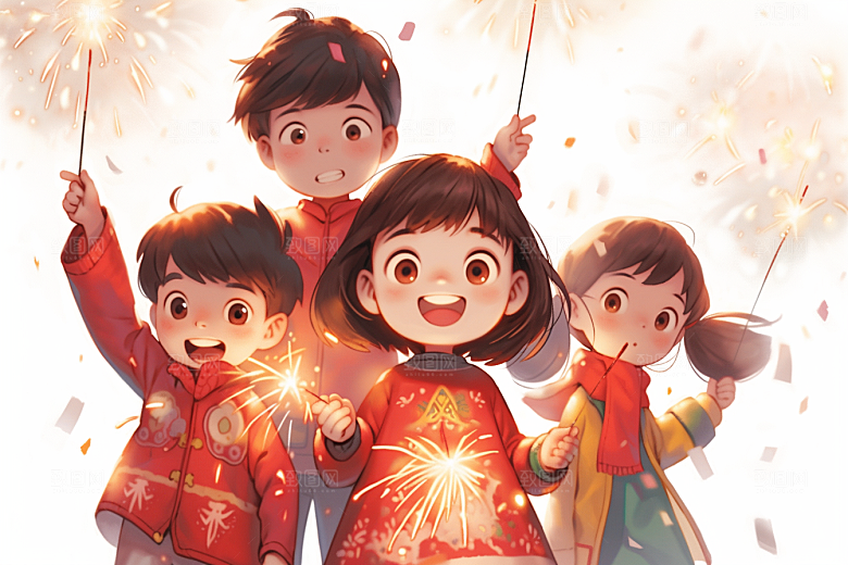 放烟花的孩子烟火新年插画