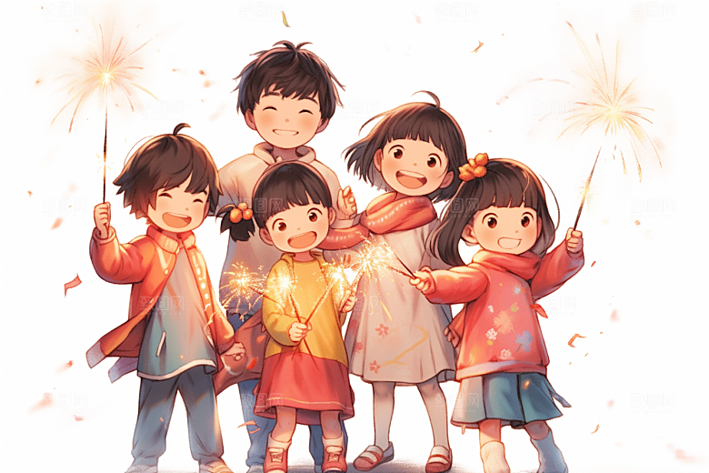 放烟花的孩子儿童庆祝插画