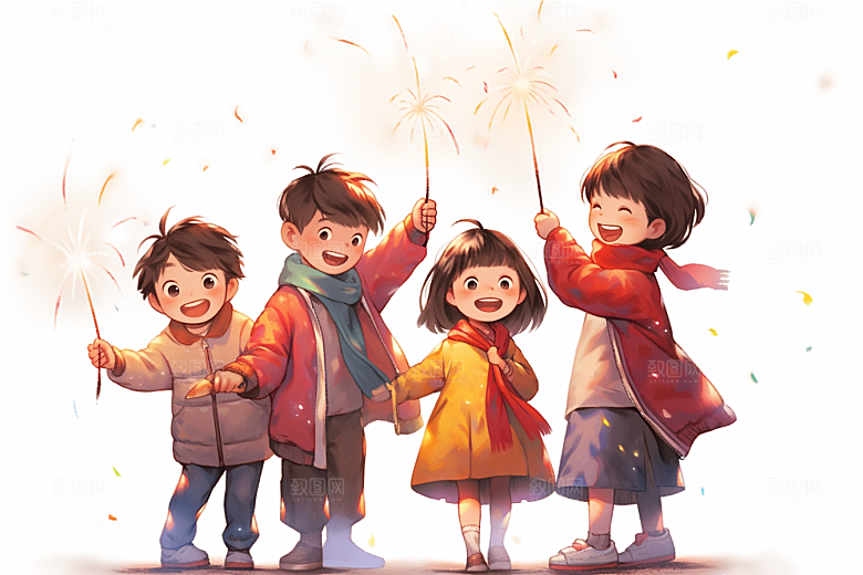 放烟花的孩子春节放鞭炮插画