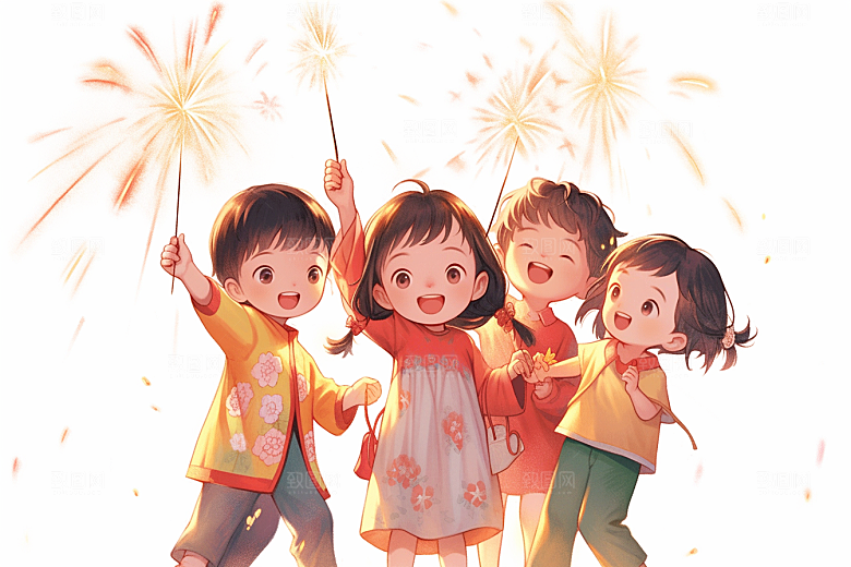 放烟花的孩子庆祝快乐插画