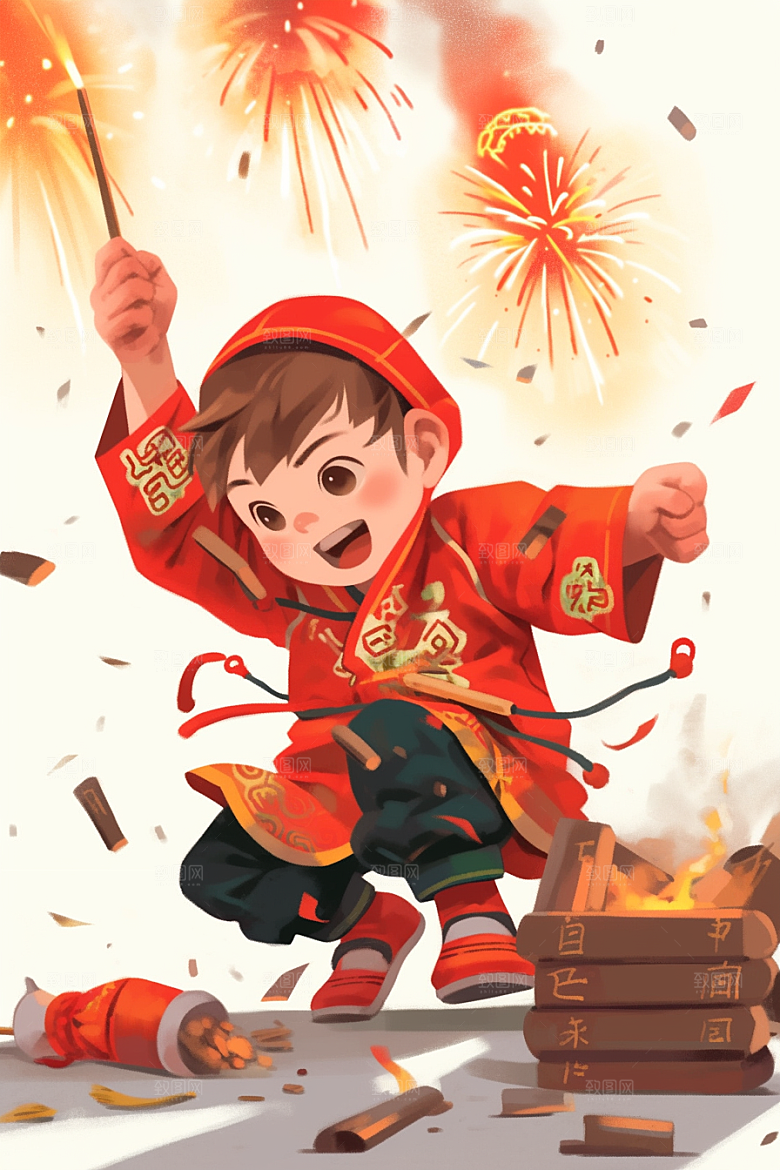 放烟花的孩子新年庆祝插画