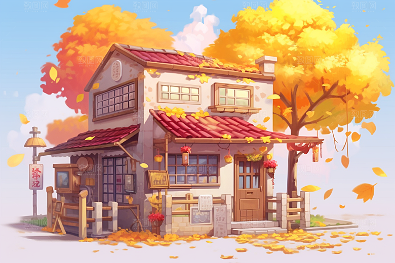 落叶小卖部秋叶小屋插画