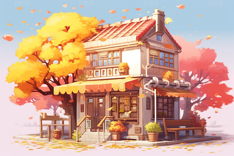 落叶小卖部小屋暖色调插画
