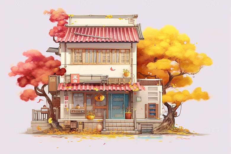 落叶小卖部秋天温馨插画