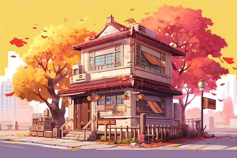 落叶小卖部秋天小屋插画