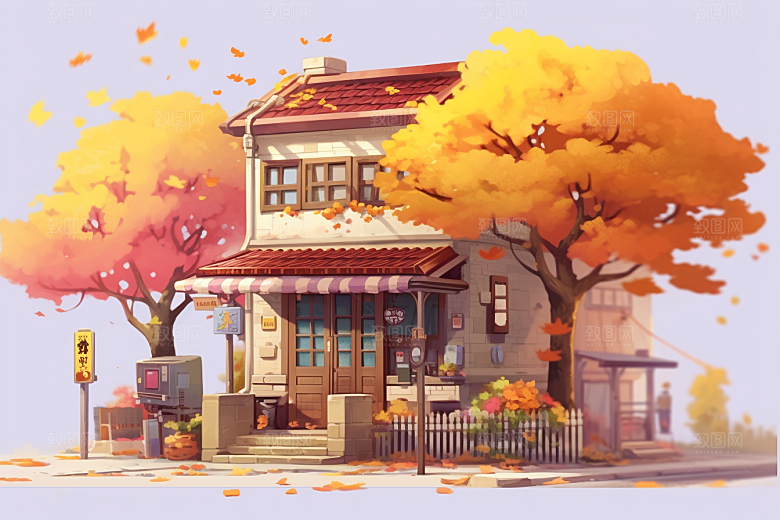 落叶小卖部暖色调小屋插画