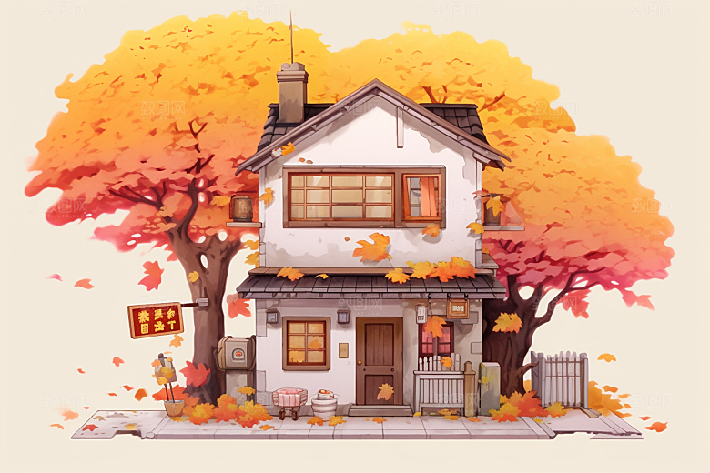 落叶小卖部小店秋天插画