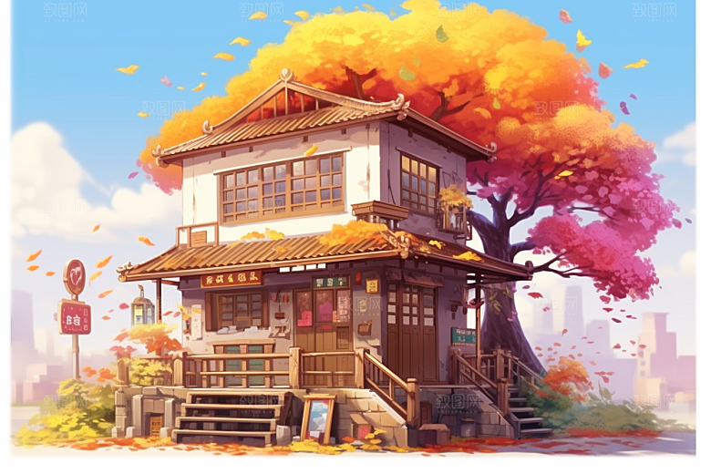 落叶小卖部秋叶小屋插画