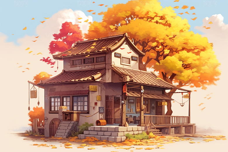 落叶小卖部温馨小屋插画