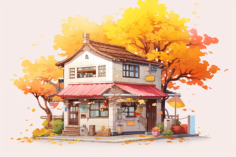 落叶小卖部温馨秋叶插画