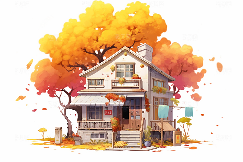 落叶小卖部秋叶小屋插画