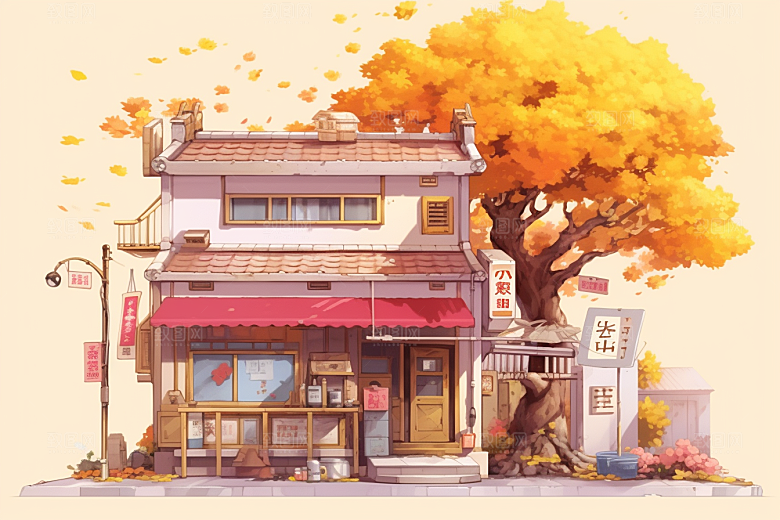 落叶小卖部秋季暖色调插画