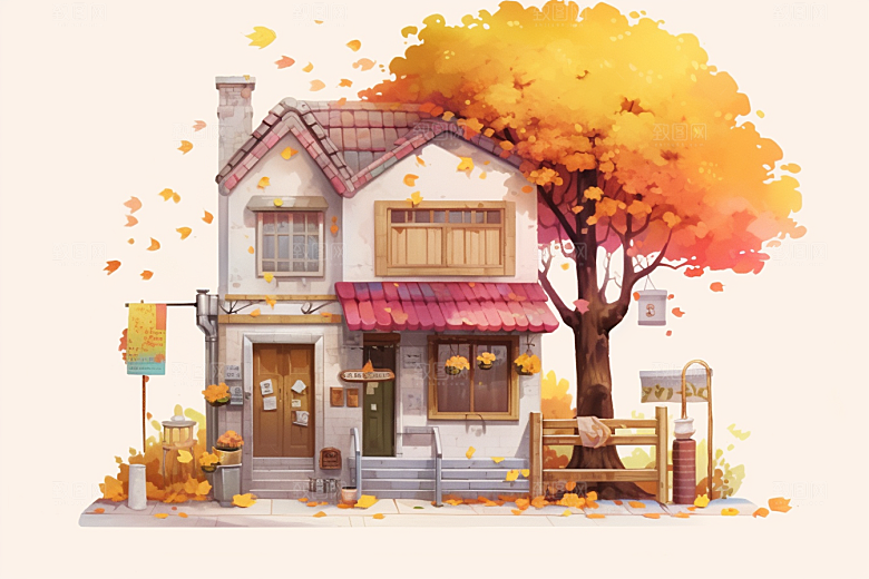 落叶小卖部暖色调小店插画