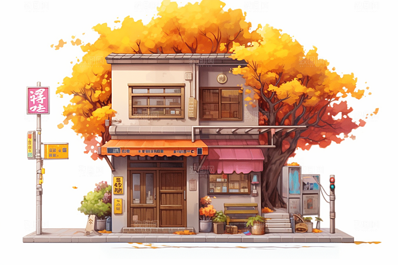 落叶小卖部秋天秋叶插画