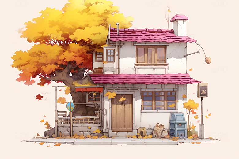 落叶小卖部小屋秋天插画