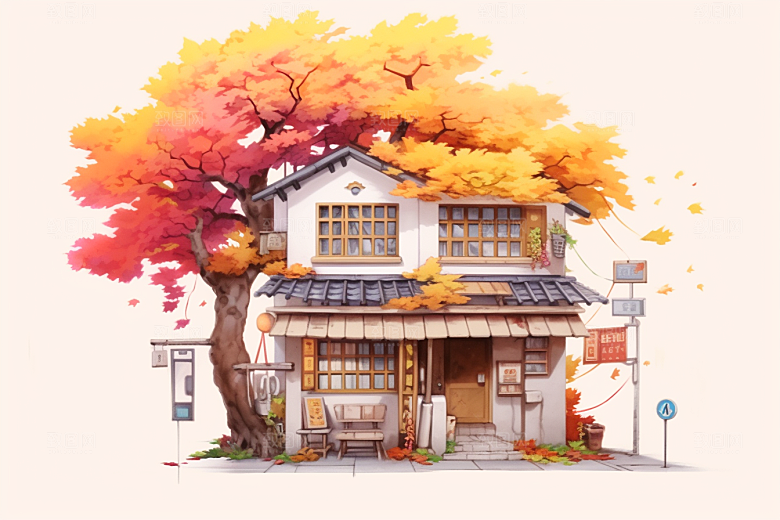 落叶小卖部秋季秋叶插画