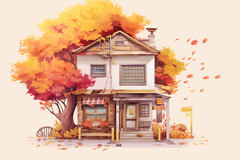 落叶小卖部秋叶小屋插画