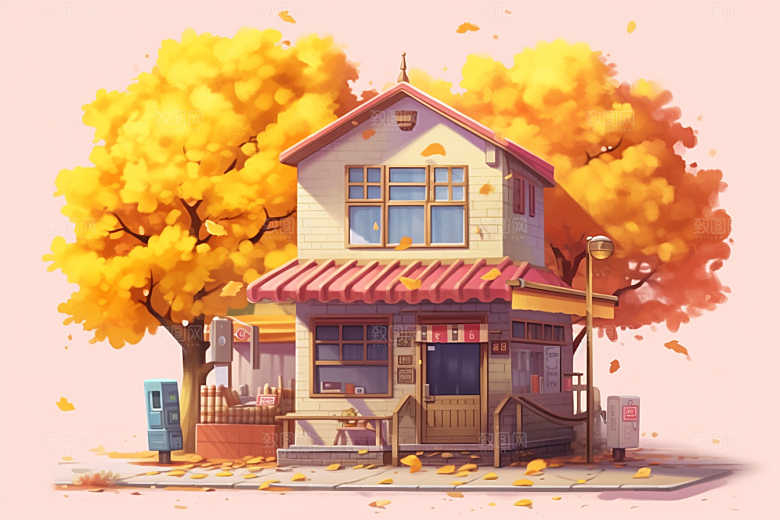 落叶小卖部暖色调小屋插画