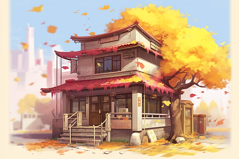 落叶小卖部秋叶小店插画