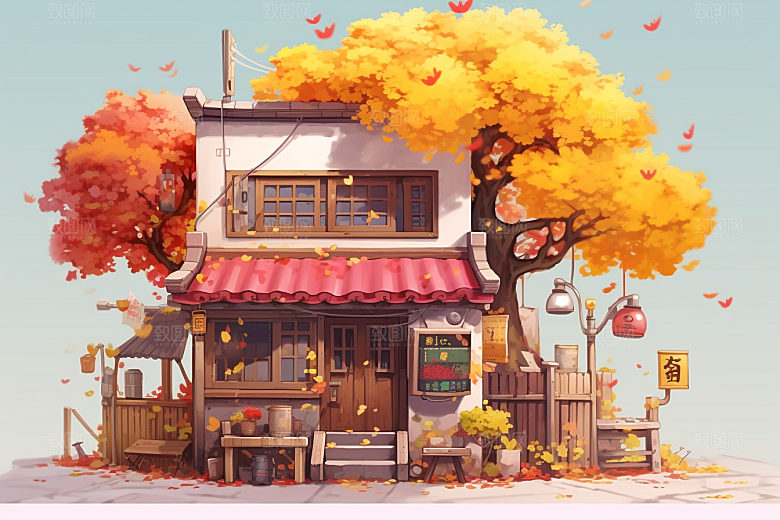 落叶小卖部秋叶暖色调插画