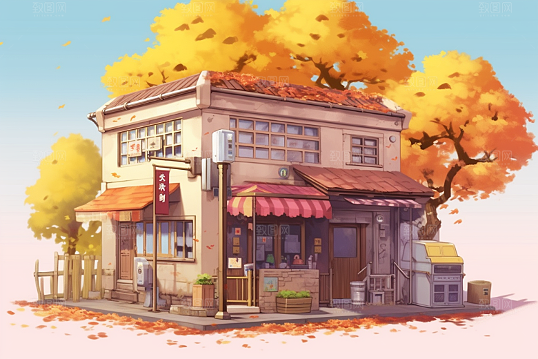 落叶小卖部小店小屋插画