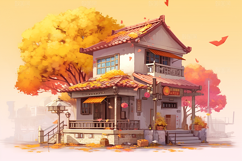 落叶小卖部秋叶暖色调插画