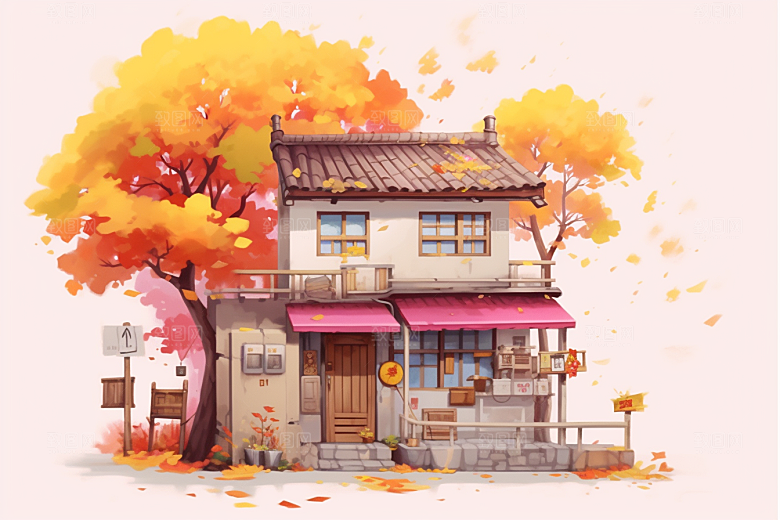 落叶小卖部暖色调小屋插画