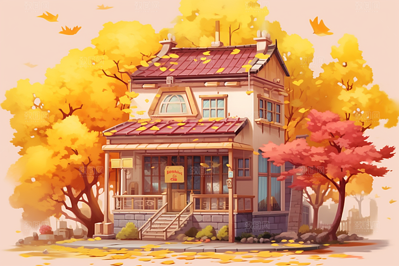 落叶小卖部小店暖色调插画