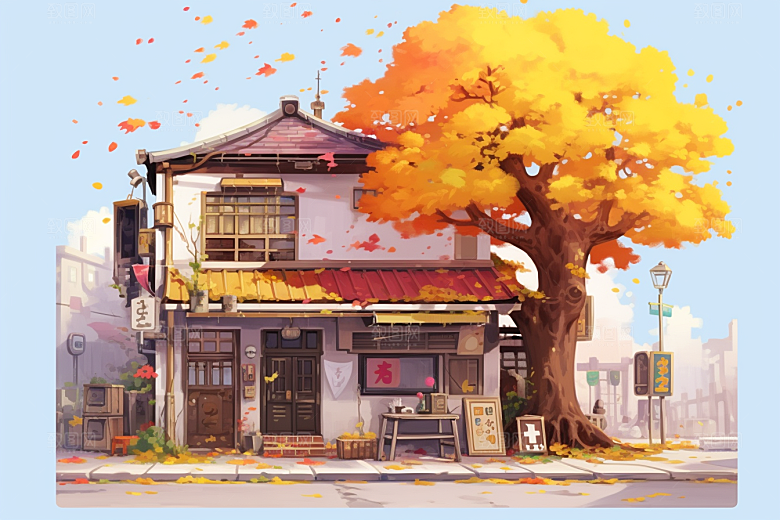 落叶小卖部温馨小店插画