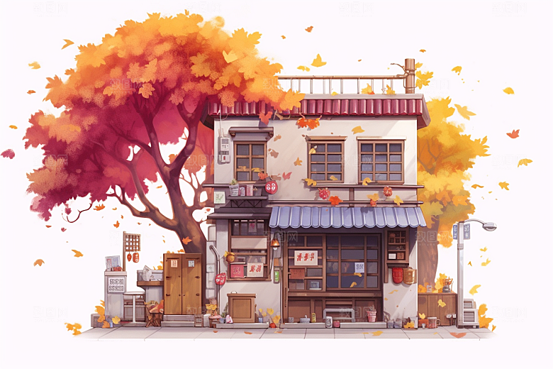 落叶小卖部温馨秋叶插画