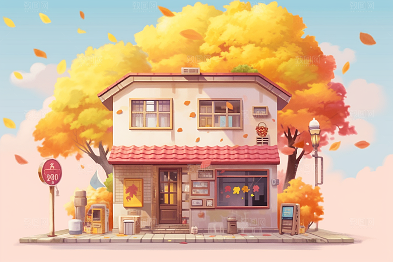 落叶小卖部秋叶小店插画
