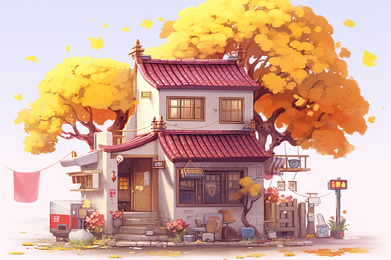 落叶小卖部秋季秋叶插画