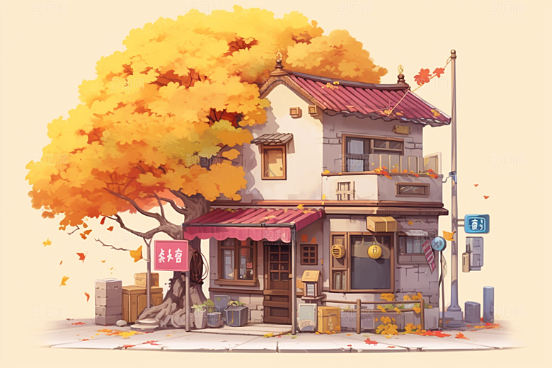 落叶小卖部小店秋季插画