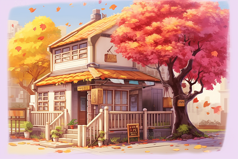 落叶小卖部暖色调小屋插画