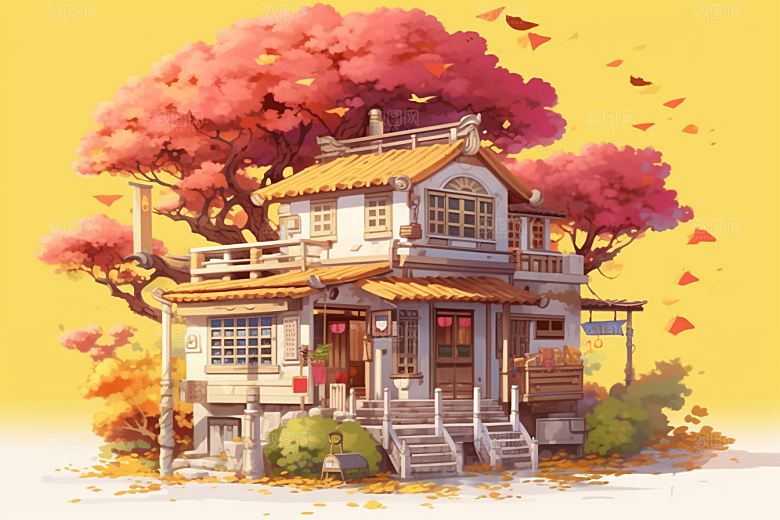 落叶小卖部秋季暖色调插画