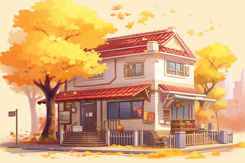 落叶小卖部温馨小店插画