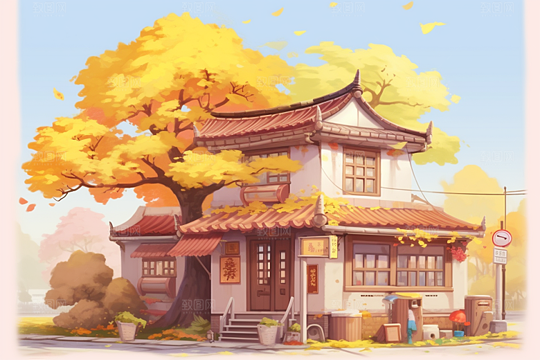 落叶小卖部小屋温馨插画